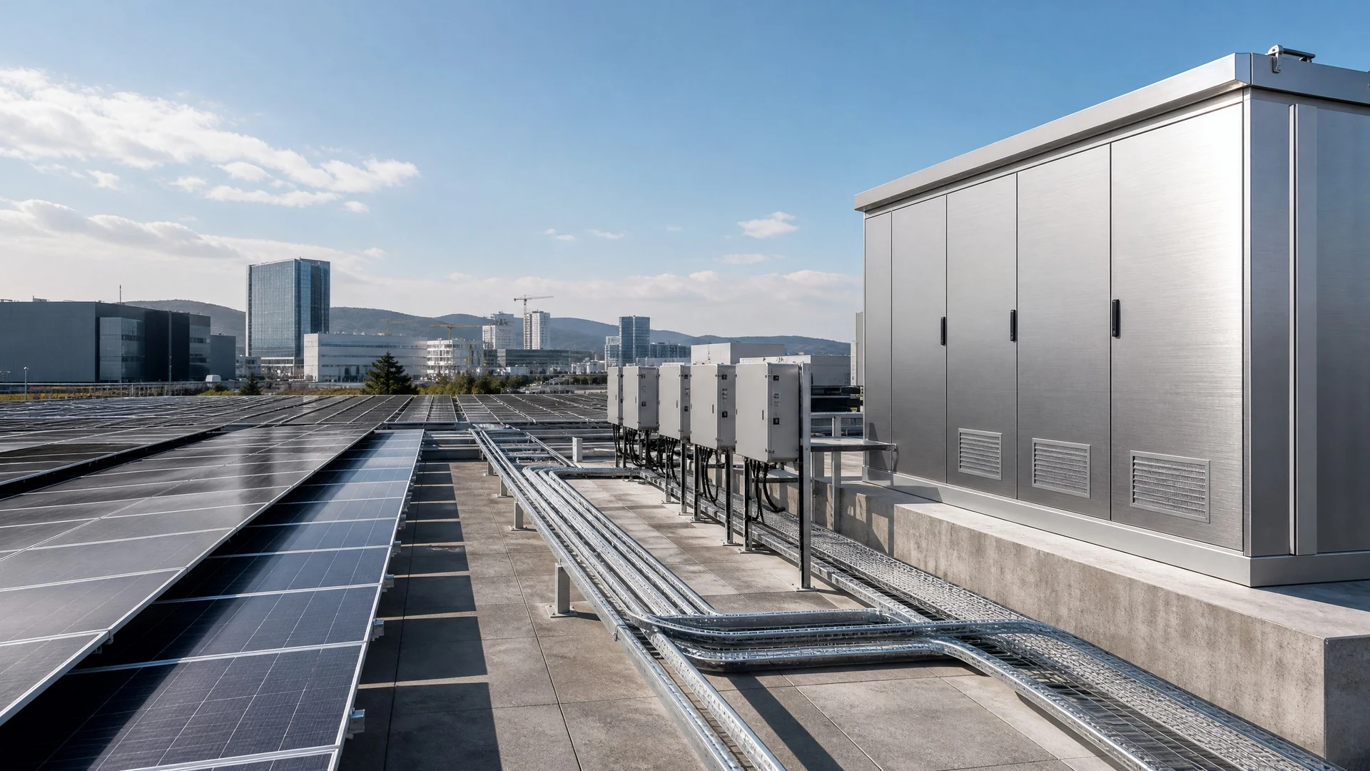 Commercial rooftop solar array and low-voltage switchgear cabinets