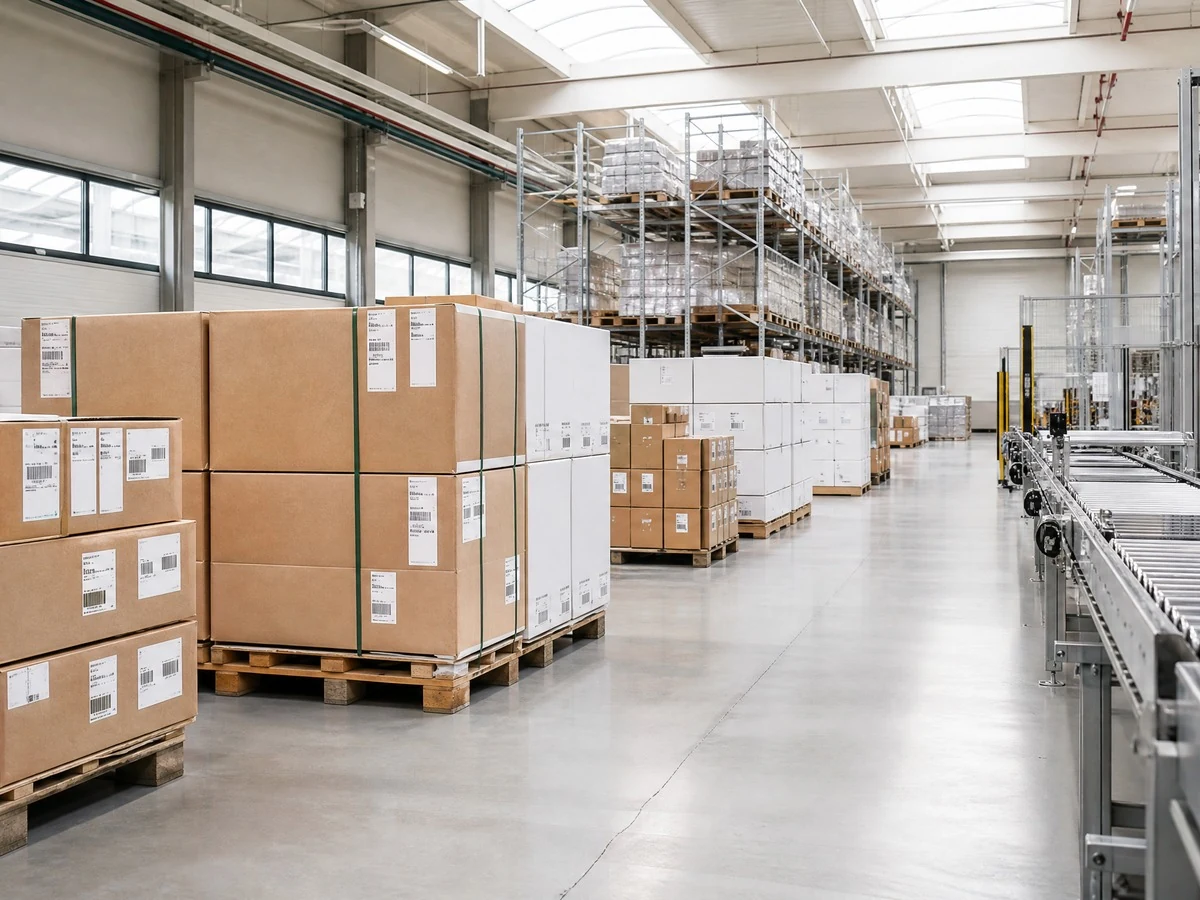 Export batch pallets and roller conveyor in the distribution hall