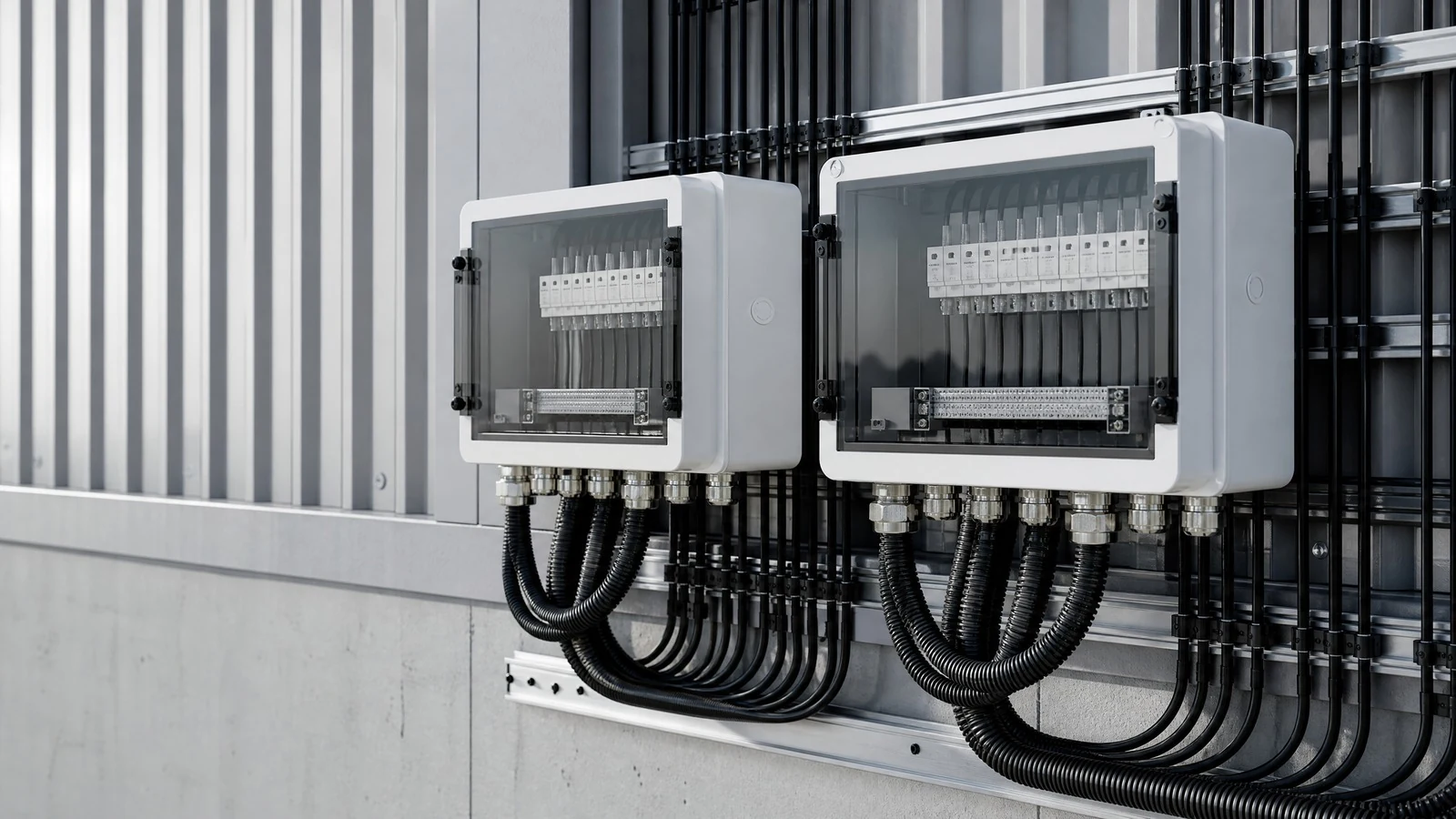 DC combiner enclosures with cable glands and corrugated conduit