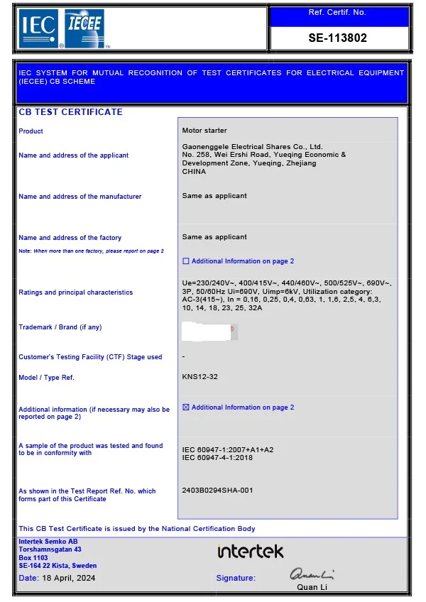 CB test certificate, KNS12-32 motor starter