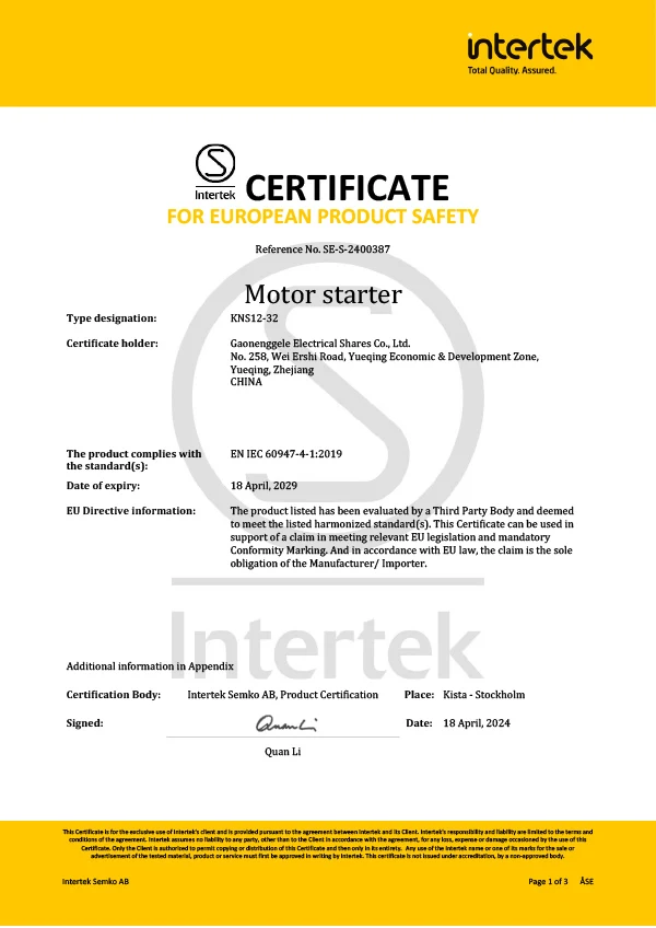 SEMKO certificate, KNS12-32 motor starter