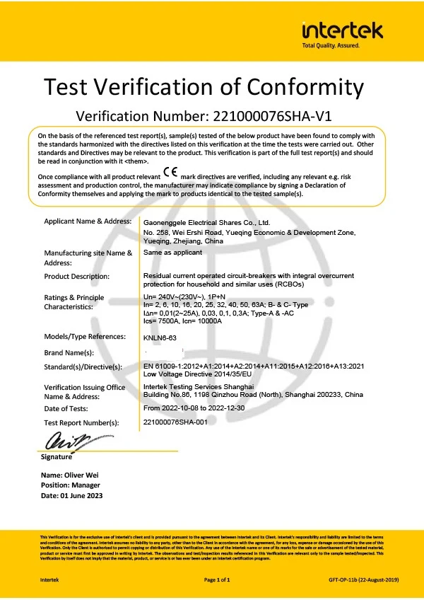 Test verification, KNLN6-63 RCBO